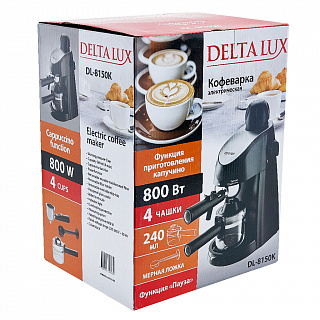 Кофеварка 800 Вт, 240 мл DELTA LUX DL-8150К рожковая черная