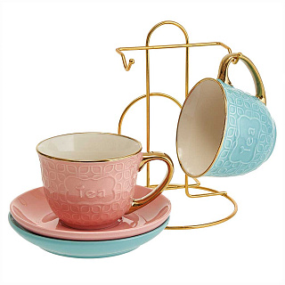Чайный набор 4 предмета Ф11-013К/4 на металлической подставке, бирюзовый + розовый