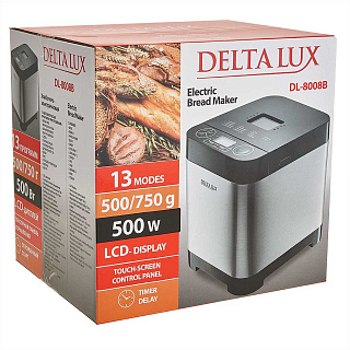 Хлебопечь электрическая 500 Вт, 500/750 г, 13 программ DELTA LUX DL-8008В серебристая с черным