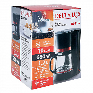 Кофеварка 700 Вт, 1200 мл DELTA LUX DL-8152 черная с красным
