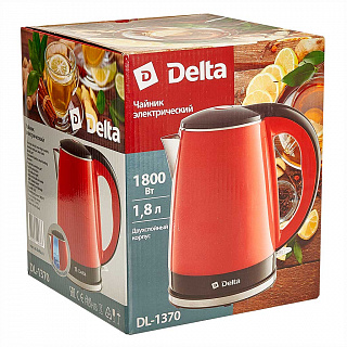 Чайник электрический 1800 Вт, 1,8 л DELTA DL-1370, двухслойный корпус, красный с черным