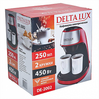 Кофеварка 450 Вт, 250 мл DELTA LUX DE-2002 красная + 2 керамические кружки