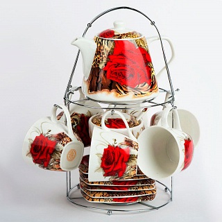 Набор чайный 14 предметов Б000041К14 "Красная роза" на металлической подставке