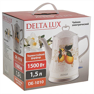 Чайник электрический 1500 Вт, 1,5 л, корпус из фарфора DELTA LUX DE-1010 "Лимоны"