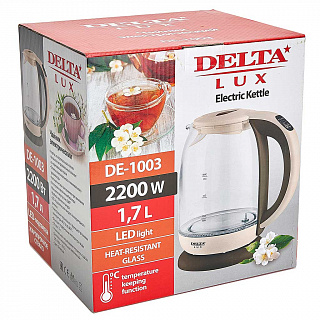 Чайник электрический 2200 Вт, 1,7 л DELTA LUX DE-1003 бежевый, функция установки температур с LED-индикацией разными цветами, поддержание температуры