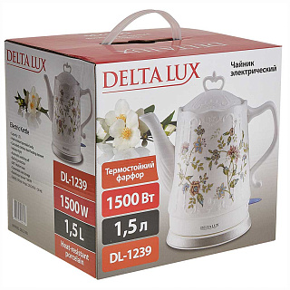 Чайник электрический 1500 Вт, 1,5 л, корпус из фарфора DELTA LUX DL-1239 "Цветы"