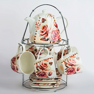 Набор чайный 14 предметов Б000040К14 "Букет роз" на металлической подставке