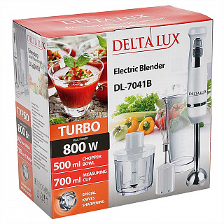 Блендер погружной 800 Вт DELTA LUX DL-7041B с измельчителем, венчиком, стаканом, белый