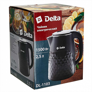 Чайник электрический 1500 Вт, 2,5 л DELTA DL-1103, двухслойный корпус, черный