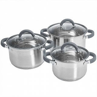 Набор посуды 6 предметов: 3 кастрюли (2,2 л, 3 л, 4 л) из нержавеющей стали со стеклянными крышками WEBBER BE-625/6